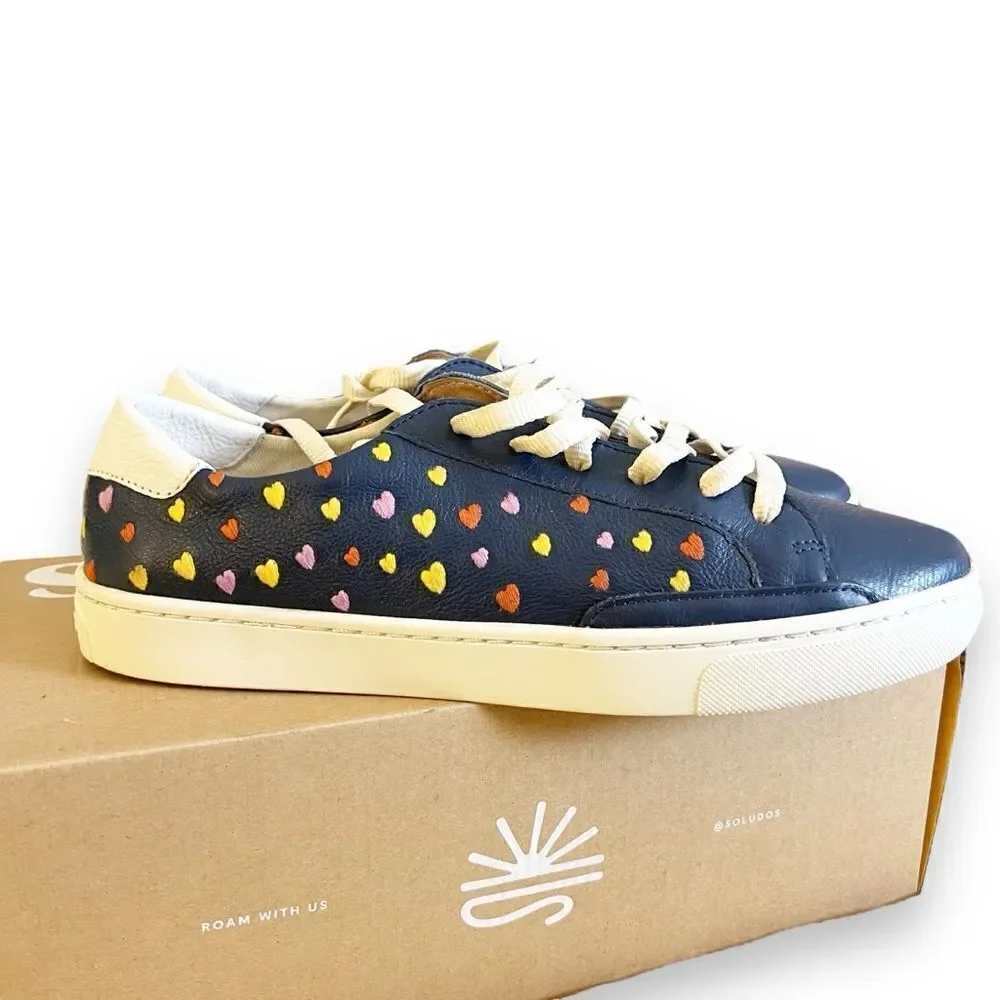 Soludos Queen Of Hearts Genuine Leather Embroidered Ibiza Sneakers, Blue Size 10